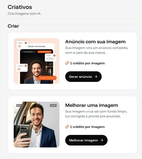 Estúdio de criativos da Adworker com as opções anúncio com sua imagem e melhorar uma imagem