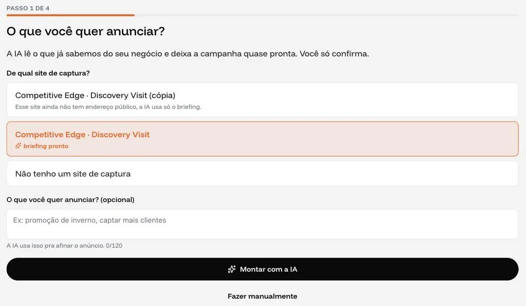 Passo 1 de 4 da nova campanha no Google na Adworker: escolha do site de captura e botão Montar com a IA