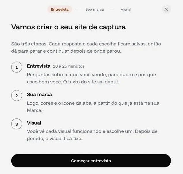 Tela Vamos criar o seu site de captura na Adworker com as etapas entrevista, sua marca e visual
