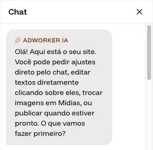 Chat do Studio da Adworker com a mensagem da IA explicando que você pode pedir ajustes pelo chat